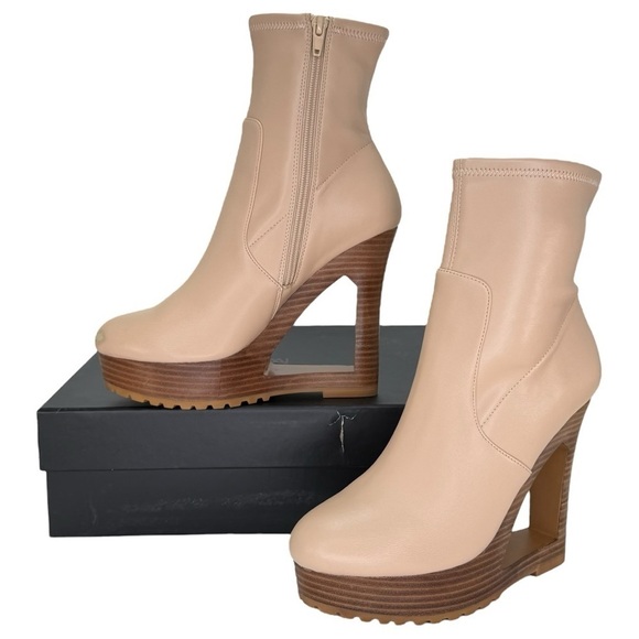 Aminah Abdul Jillil Shoes - Aminah Ava Tan Faux Leather Heeled Womens Sock Booties Size 8M